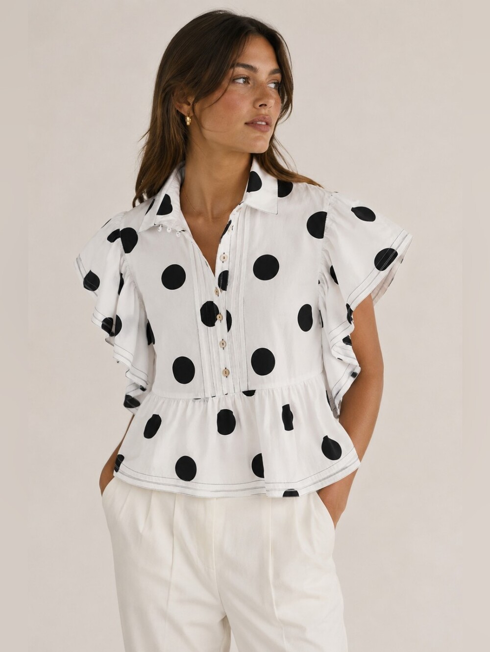 Bucketlist Polka Dot Peplum Blouse, M, parisian, Euro-Summer, Coastal